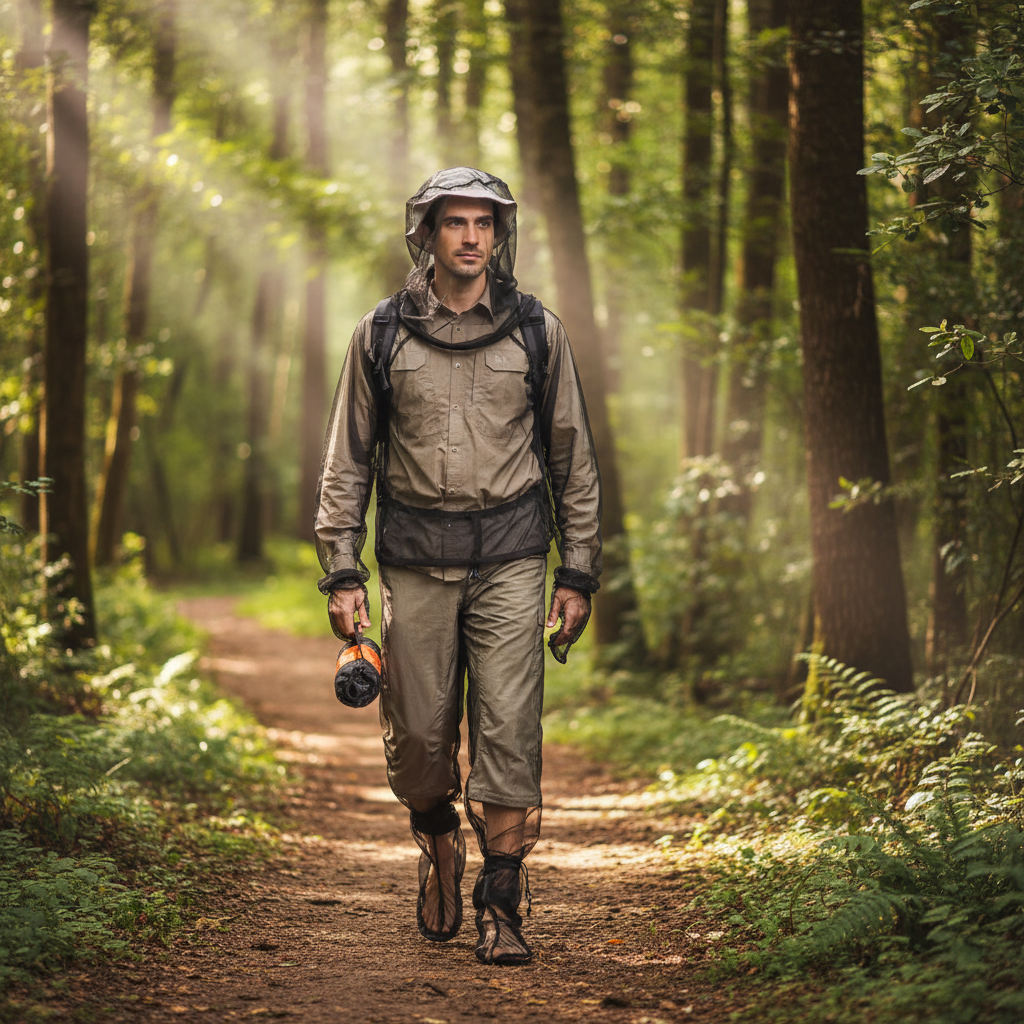 Tix Bug Shield Suit worn on a forest hiking trail