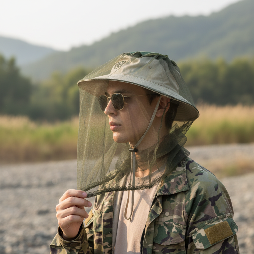 Tix Head Net worn hiking in rugged outdoor terrain