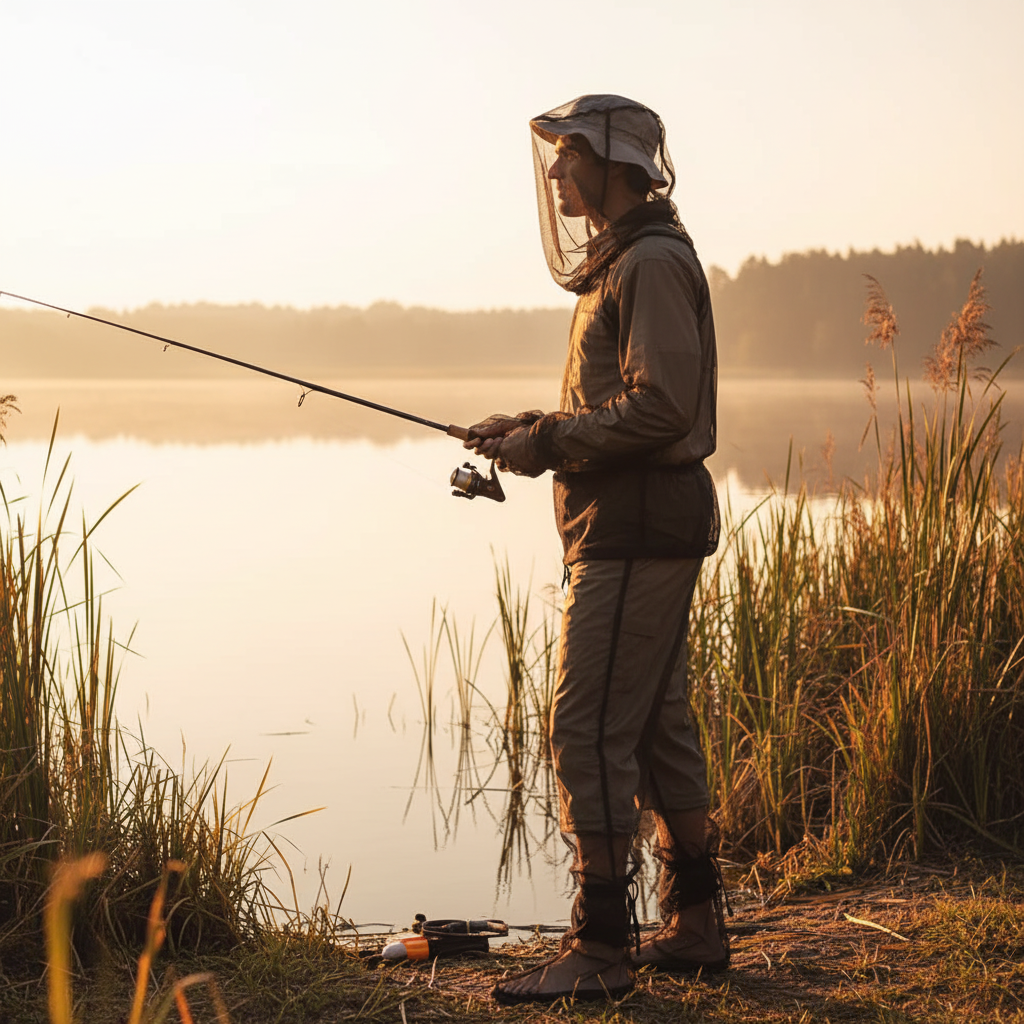Tix Bug Shield Suit worn while fishing by a lake
