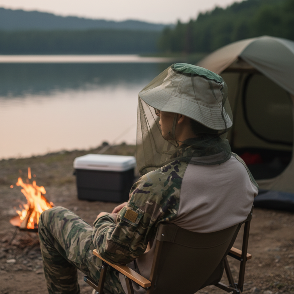 Tix Head Net worn at a lakeside campsite