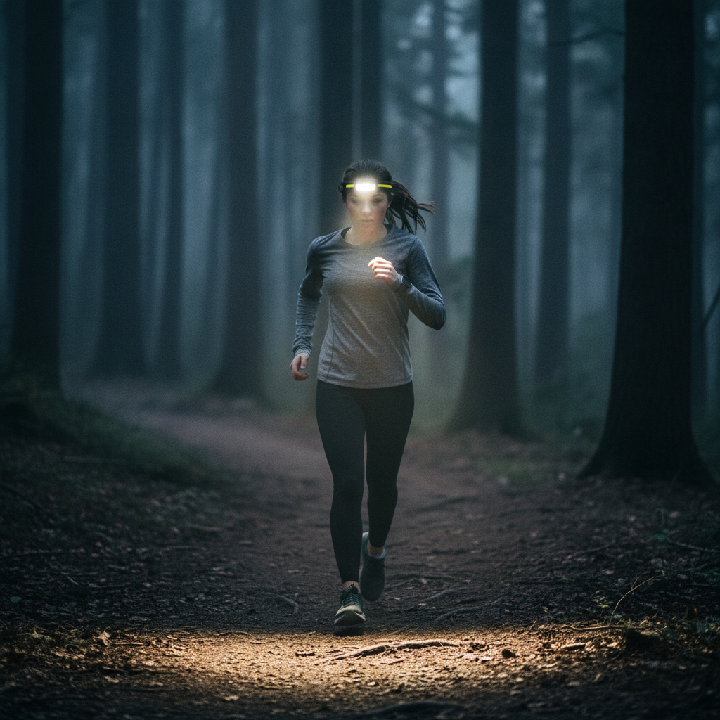 Trail runner wearing Tixwear Beam headlamp at dusk